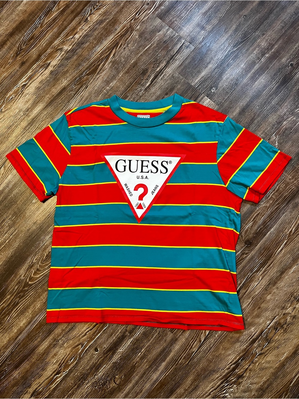 GUESS Red, Teal & Yellow Striped Logo Tee